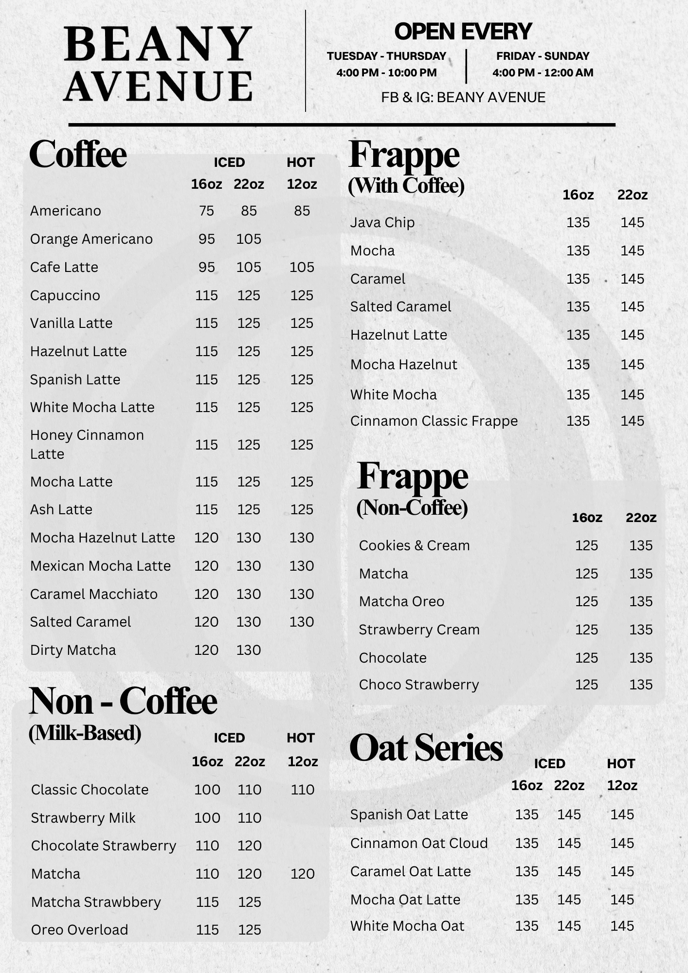 Beany Avenue Drinks Menu